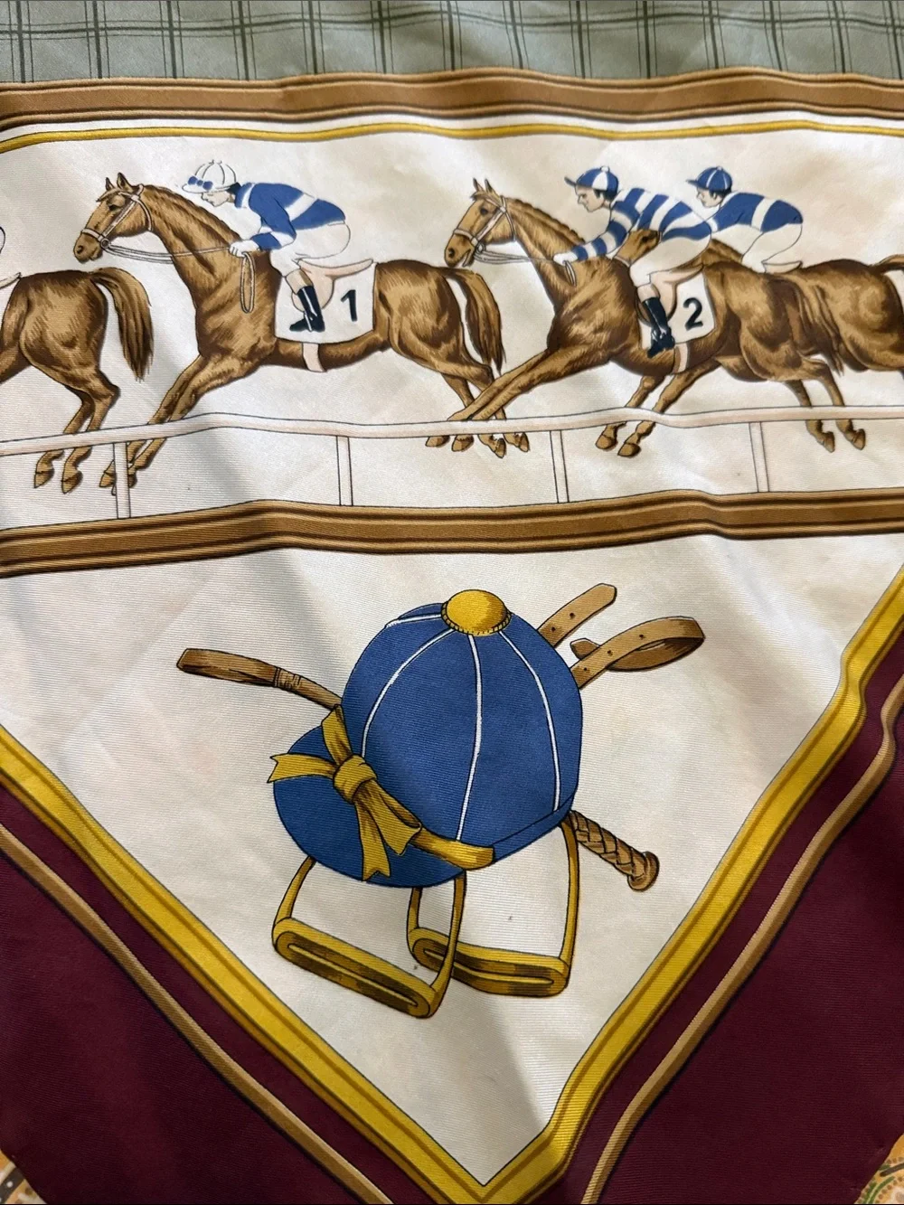 Celine Silk Scarf in Burgundy, Olive, White and Blue